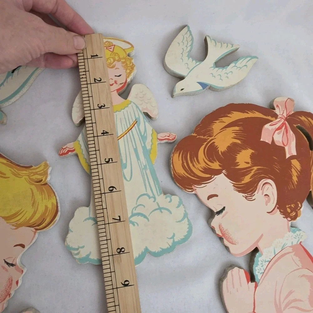 VTG 50s Dolly‎ Toy Boy & Girl Praying Angel Doves Wall Decor Evening Prayer